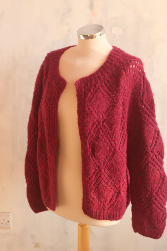 Pure wool hand knitted raspberry cardigan