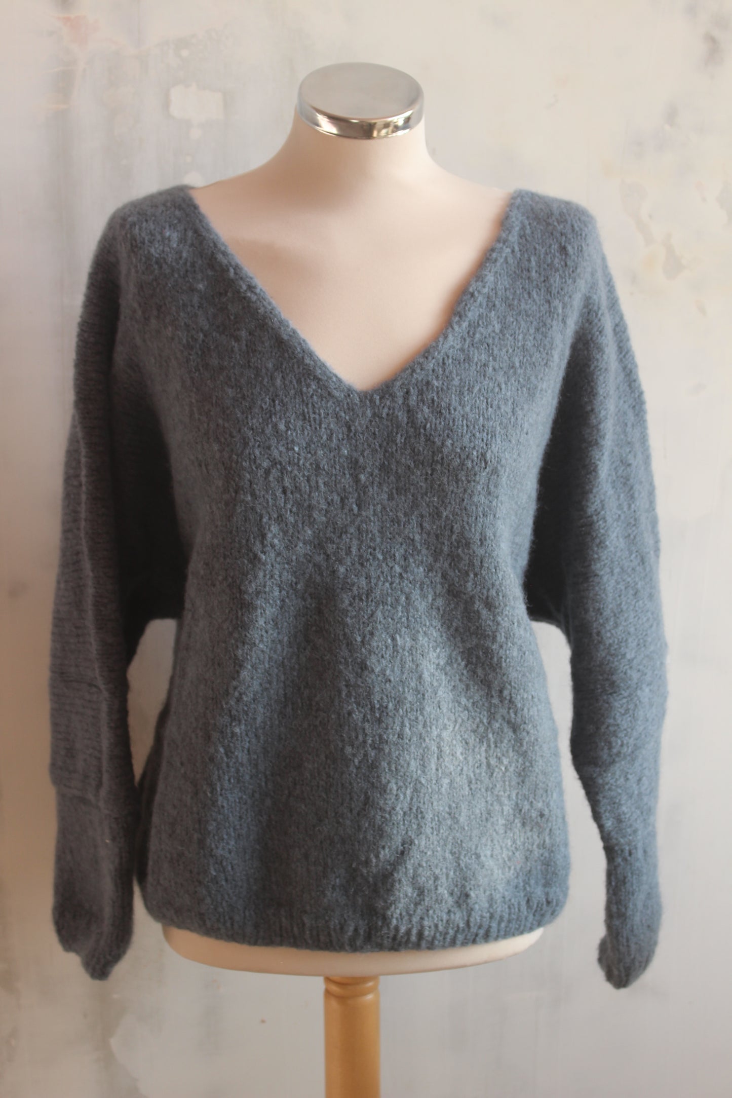 Pure wool soft French blue hand knitted v neck oversized jumper
