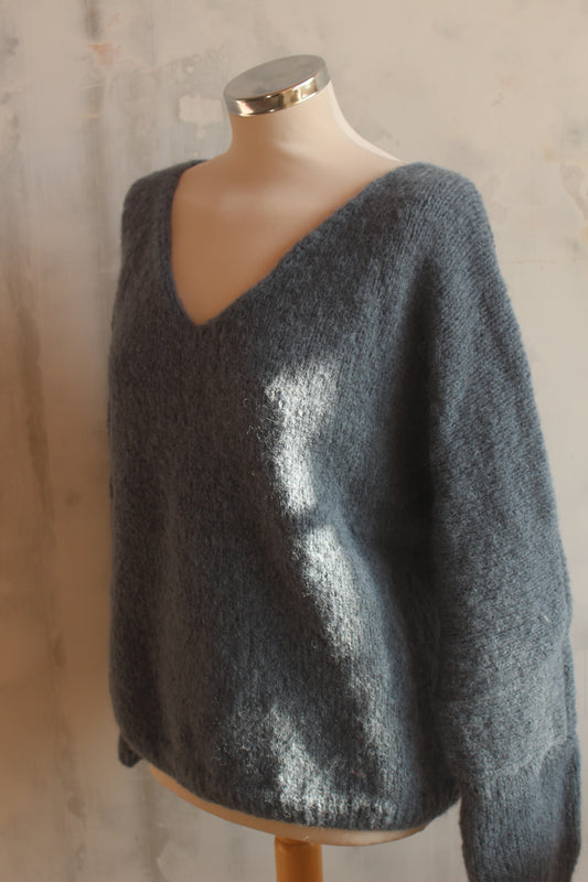 Pure wool soft French blue hand knitted v neck oversized jumper