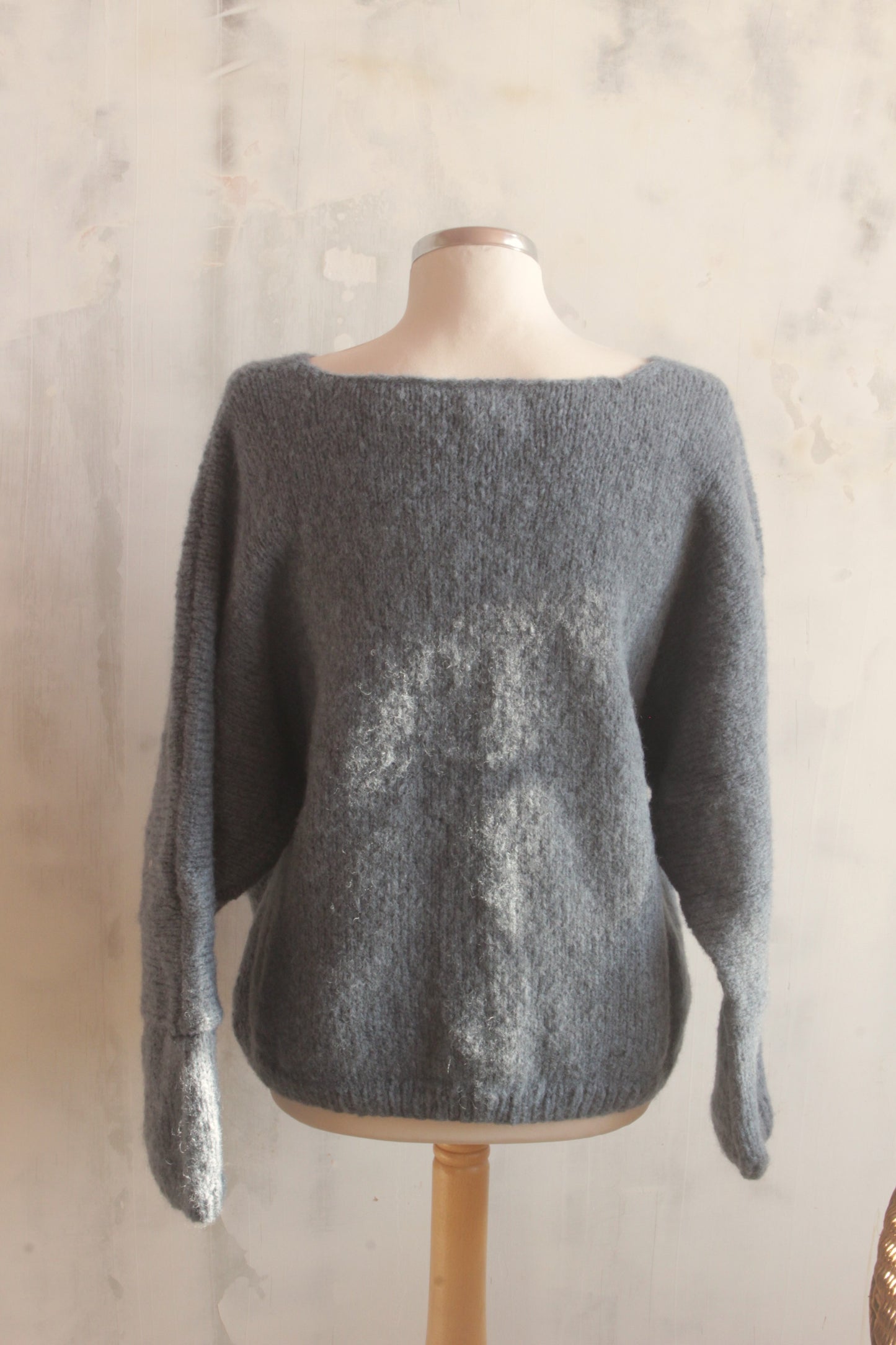 Pure wool soft French blue hand knitted v neck oversized jumper