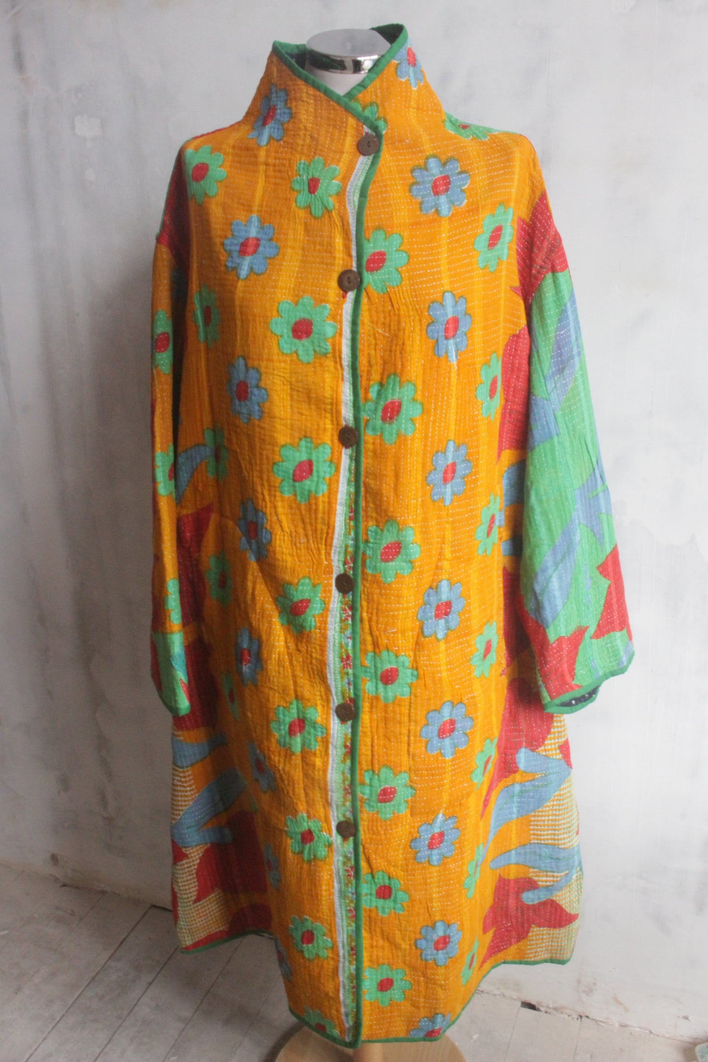 Kantha stitch coat - mustard and turquoise