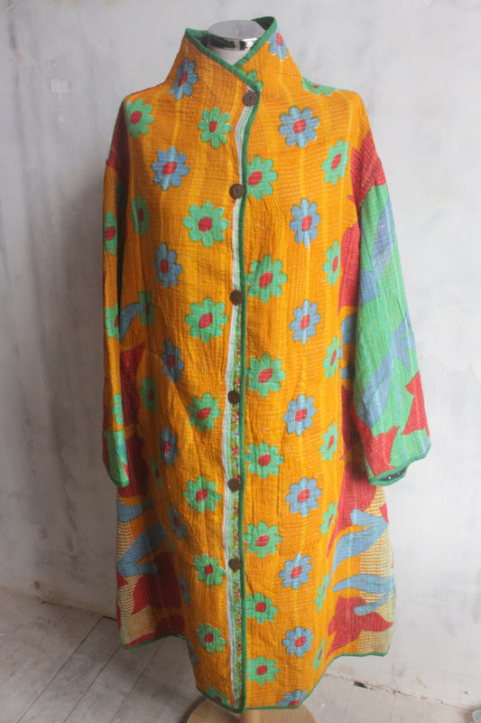 Kantha stitch coat - mustard and turquoise