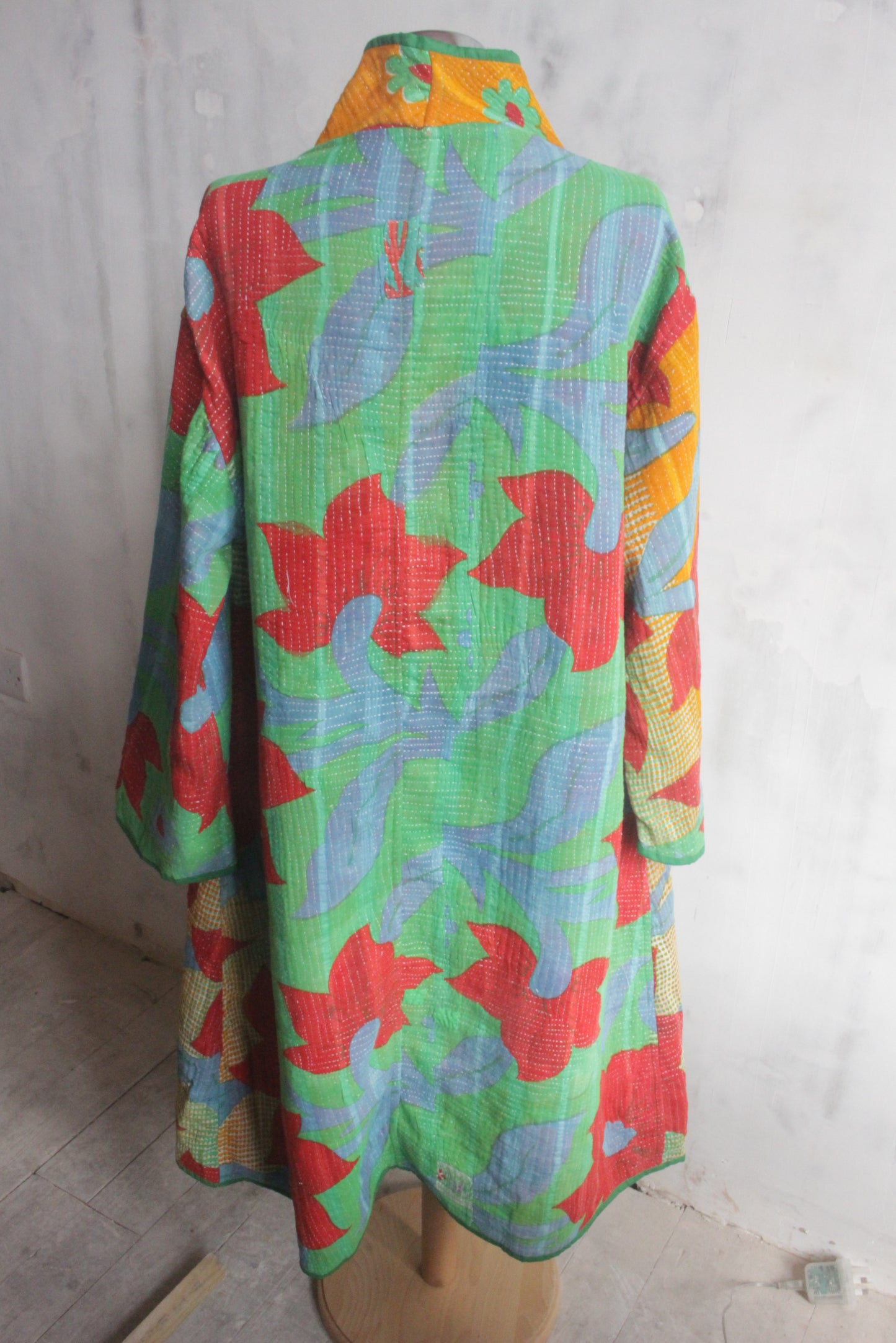 Kantha stitch coat - mustard and turquoise