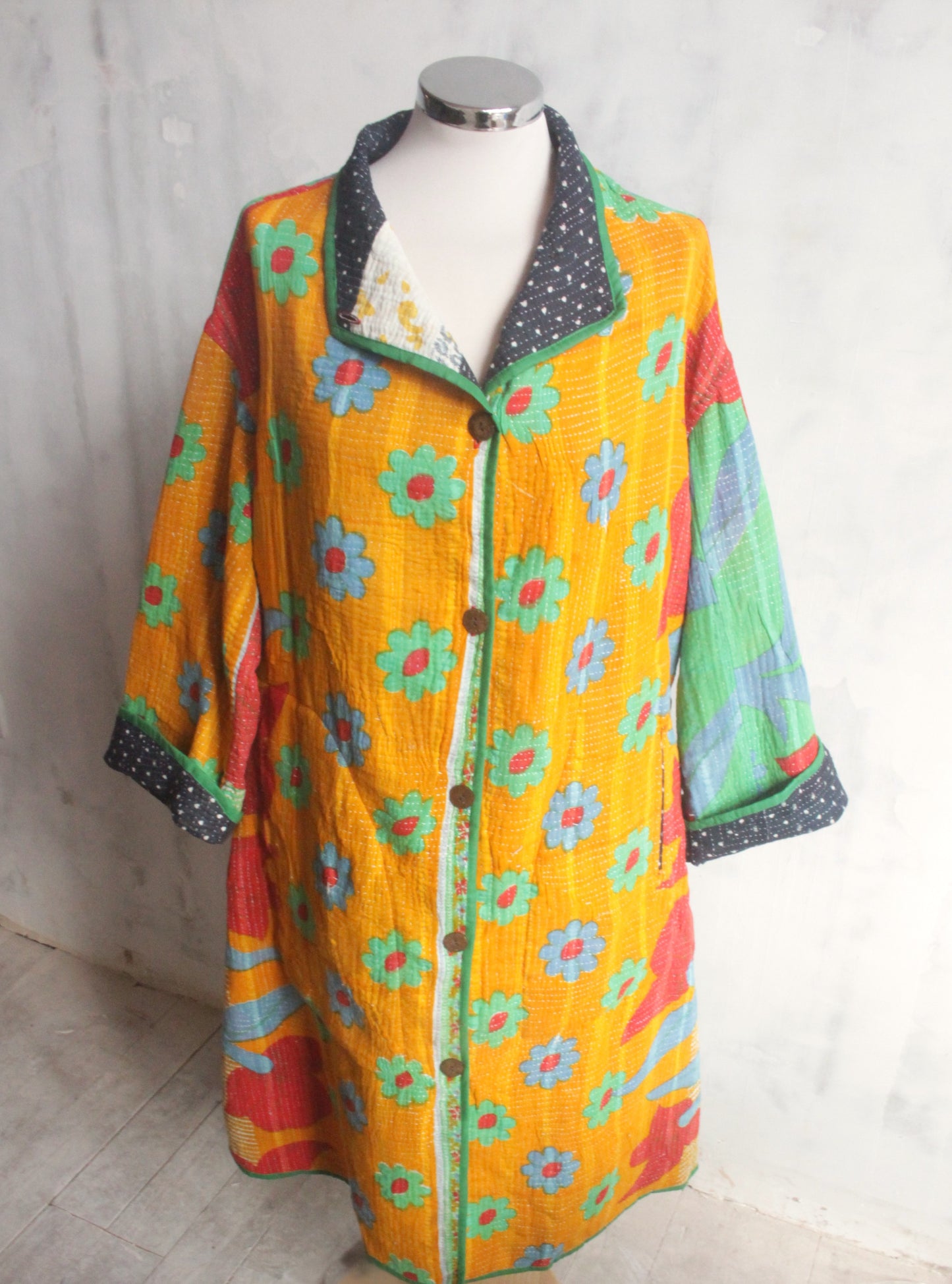 Kantha stitch coat - mustard and turquoise
