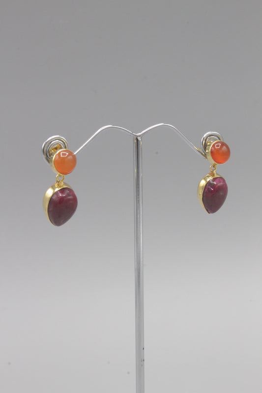 Orange carnelion and ruby gold drop earrings
