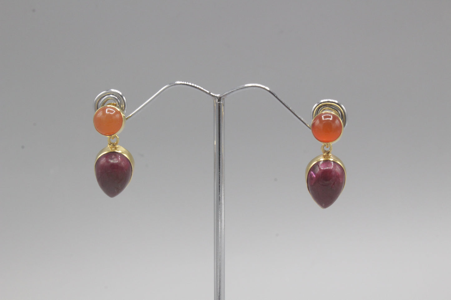 Orange carnelion and ruby gold drop earrings