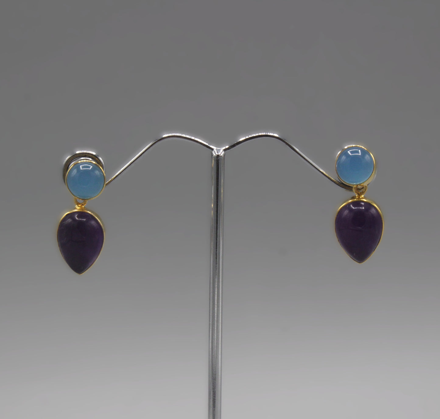 Blue chalcedony and amythest gold drop earrings