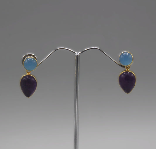Blue chalcedony and amythest gold drop earrings