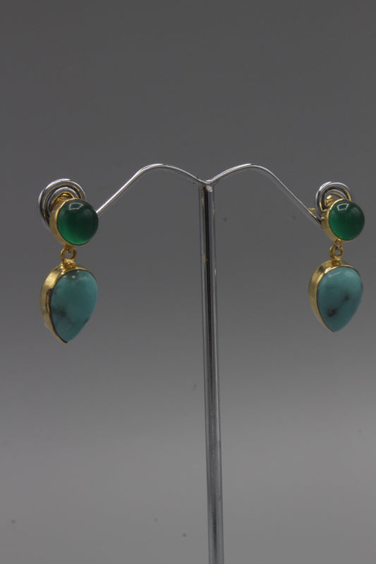 Turquoise and green onyx gold drop earrings