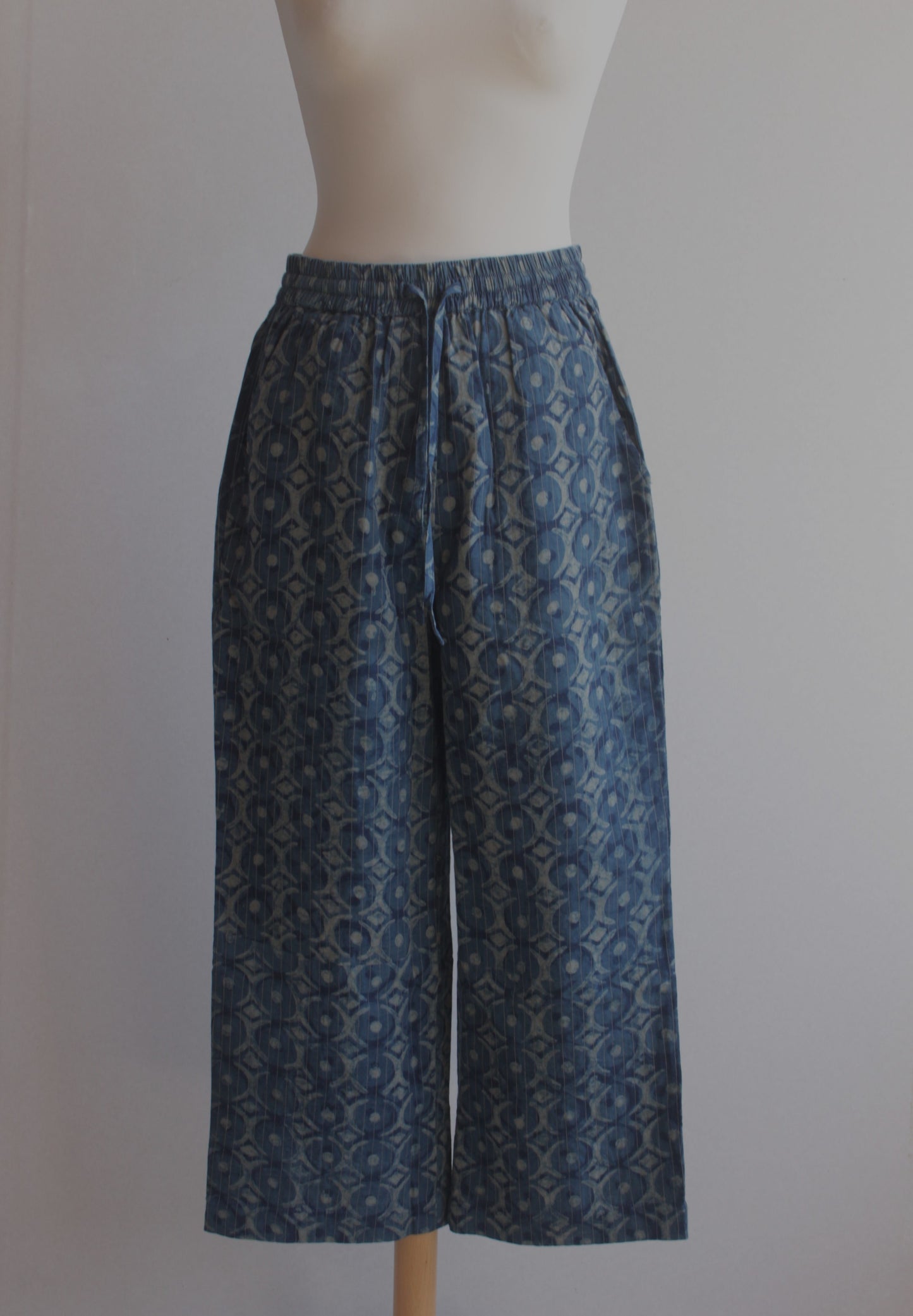 Indigo block print cotton trousers