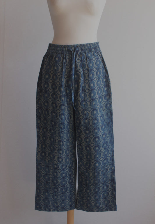 Indigo block print cotton trousers