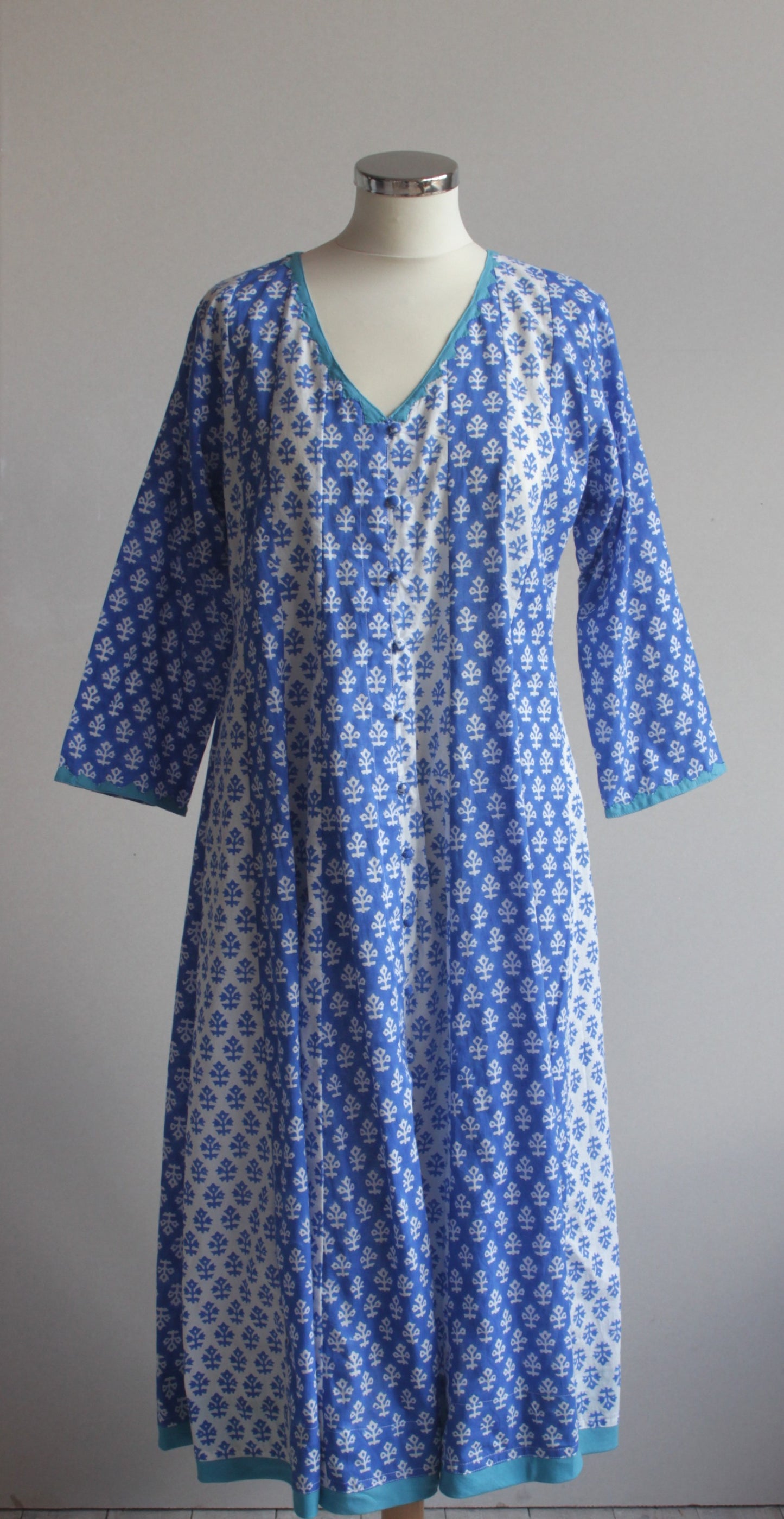 16 panel blok print dress - royal blue with turquoise trim