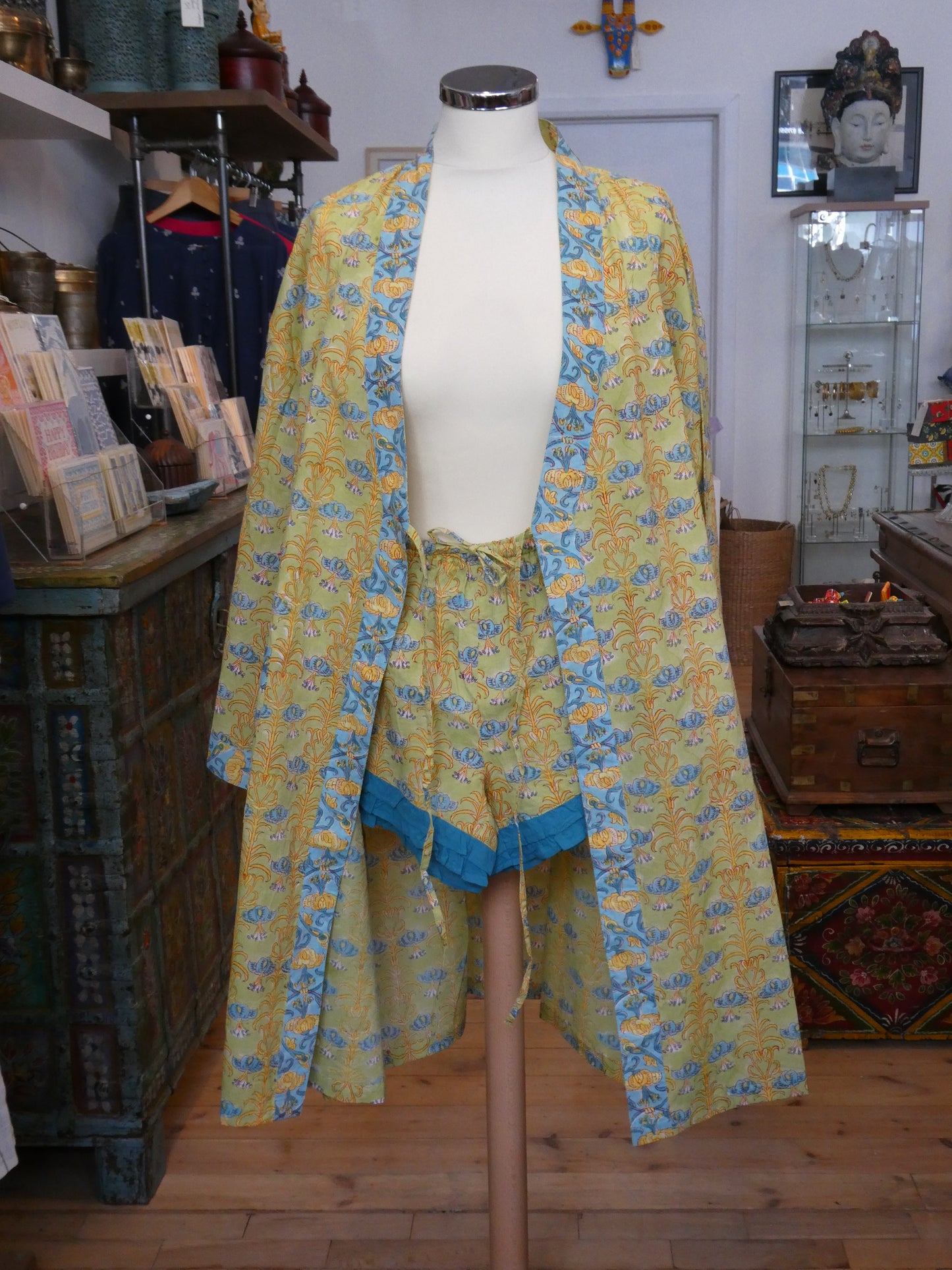 Block print dressing gown and shorts set - blue and yellow