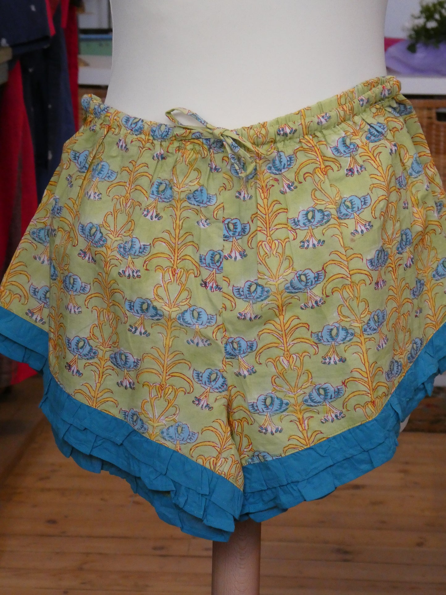 Block print dressing gown and shorts set - blue and yellow
