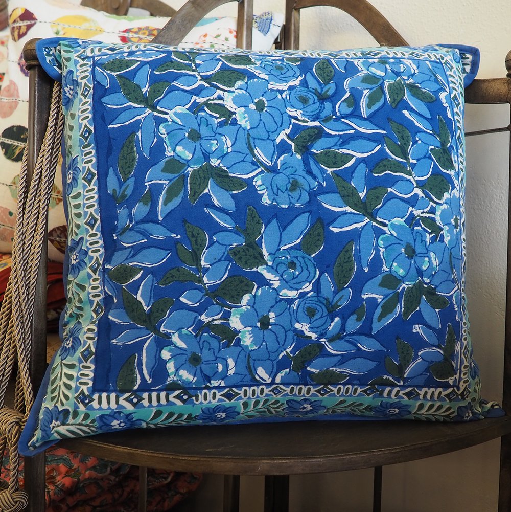 Block print double sided cushion (blue leaf)